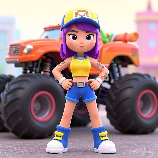 CGI cartoon girl with purple hair, yellow top, blue shorts, and yellow cap, stands confidently in front of large orange monster truck.