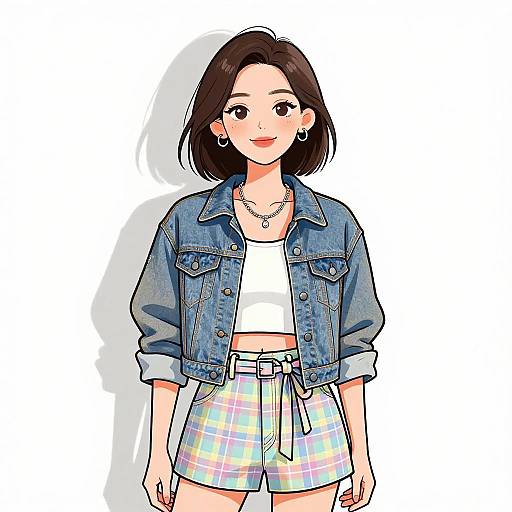 Digital illustration of a smiling young woman with short brown hair, wearing a denim jacket, white crop top, and pastel plaid shorts.