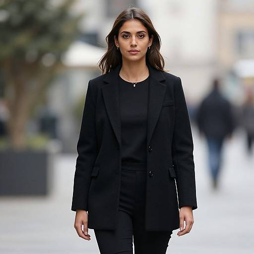 Photograph of a serious-looking woman with long brown hair, wearing a black blazer and pants, walking down a blurred urban street.