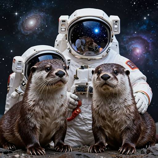 Photograph of two otters in front of two astronauts in white space suits with reflective helmets, set against a starry space background.