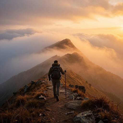 Hiker on Mountain Ridge at Sunrise