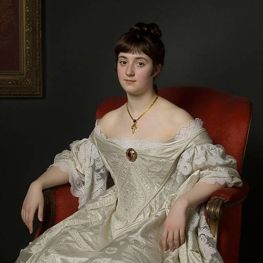 Victorian-era portrait of a fair-skinned woman with dark hair, wearing an off-shoulder, lace-trimmed white gown, gold necklace