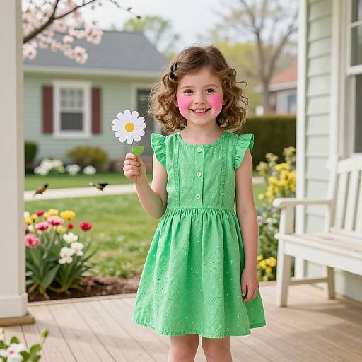 Photograph of a curly-haired young girl in a green dress holding a white daisy, smiling with pink cheeks, standing on a sunny porch with blo