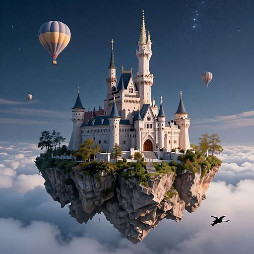 Fantastical digital art of a floating castle with turrets, surrounded by balloons, clouds, and a bird, set against a starry sky.