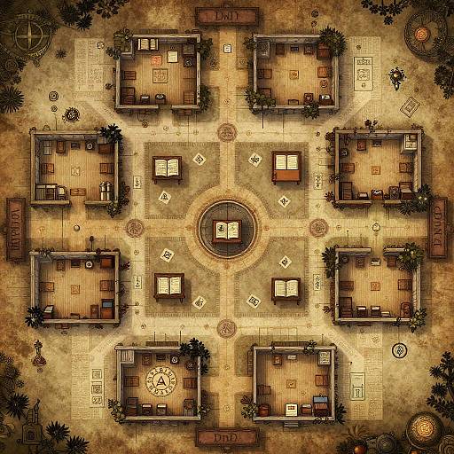 Top-down digital illustration of a symmetrical, brown-toned mansion layout with four square rooms, central courtyard, and intricate patterns. Ornate decorations surround