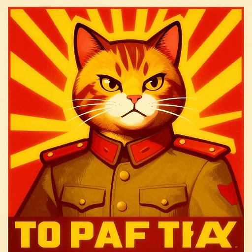 Digital illustration of a stern-eyed orange tabby cat in a red and brown military uniform with yellow and red sunburst background, text 