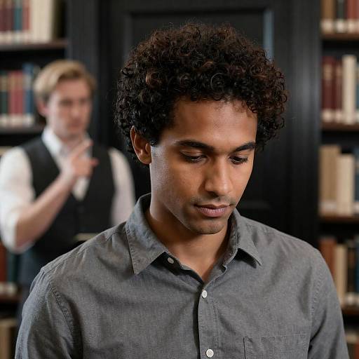 Curly-Haired Man in Library Setting