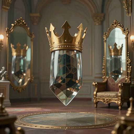 Digital artwork of a floating, golden crown-shaped glass shield with diamond patterns, centered in an opulent, vintage room with ornate mirrors and furniture.