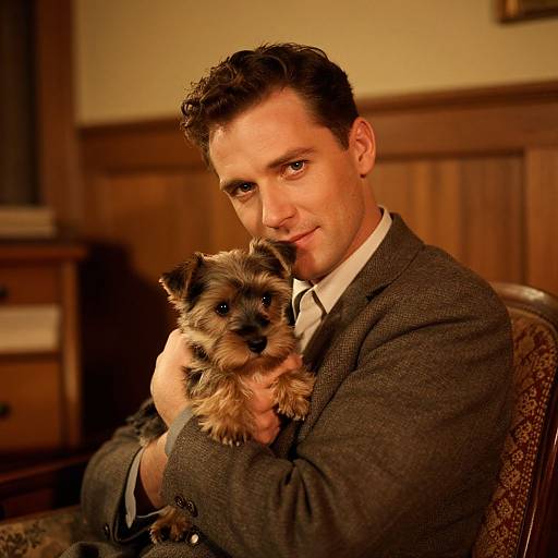 Photograph of a handsome, dark-haired man in a brown suit holding a small, fluffy black and brown dog, indoors with wooden paneling background.