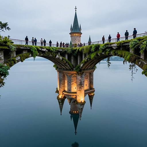 Photograph of a stone bridge with people, over calm water reflecting a lit, medieval-style tower with a pointed roof and cross. Greenery on bridge