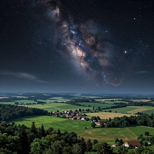 Photograph of a rural village under a vivid, star-filled night sky with the Milky Way galaxy prominently stretching across the dark sky. Green fields and scattered