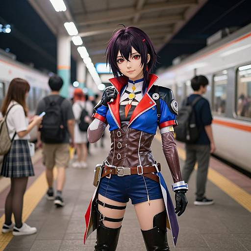 Photograph of anime-style woman in detailed, colorful military-inspired outfit with thigh straps, standing on busy train platform surrounded by blurred passengers.