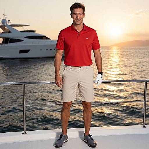 Photograph of a smiling, fit man with short brown hair, wearing a red polo, beige shorts, white gloves, and gray sneakers, standing on