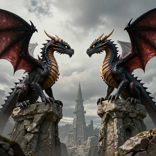 Photorealistic digital artwork of two fierce, black-scaled dragons with red wings and yellow eyes facing each other on stone ruins, with a gothic