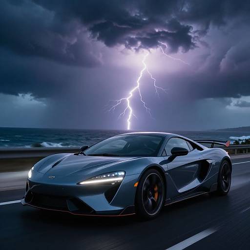 Photograph of a sleek, silver sports car with glowing headlights driving on a coastal road during a dramatic storm with bright lightning illuminating the dark, cloudy