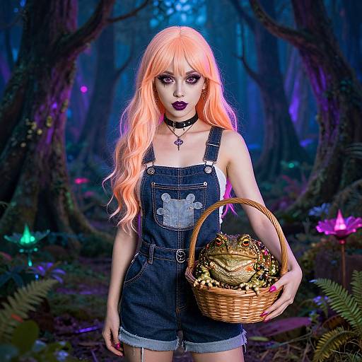 Digital artwork of a pale-skinned woman with long orange hair, wearing black denim overalls, holding a wicker basket with golden flowers, in a