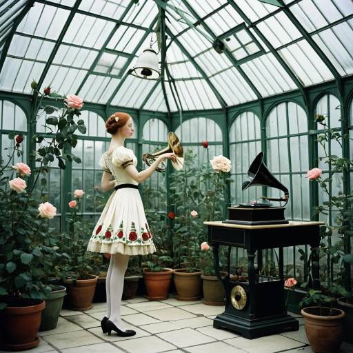 Rose Maiden in Glass Greenhouse with Gramophone