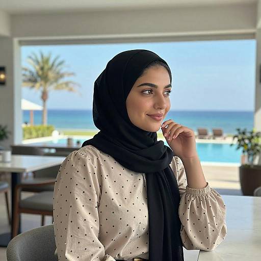 Young Woman in Hijab at Seaside Cafe