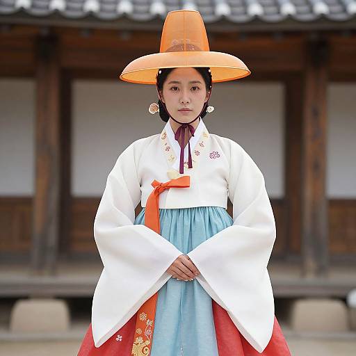Photograph of a Korean woman in traditional hanbok, white and blue, with an orange hat and red ribbon, standing in front of a wooden