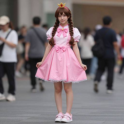 Photograph of a young Asian woman in a pink princess dress with white puffed sleeves, braided hair, crown, and pink shoes, standing in