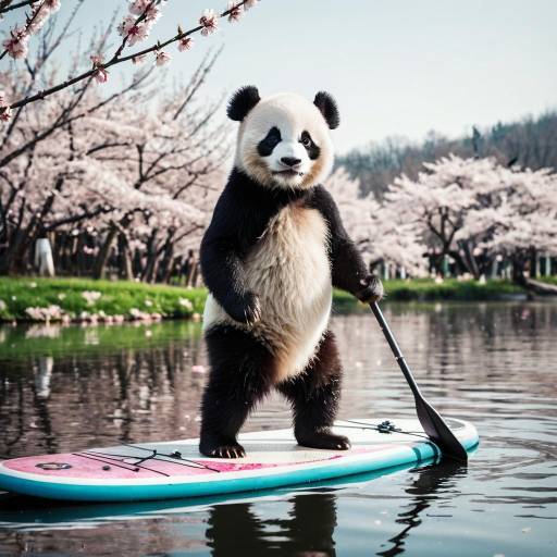 Playful Panda on Paddle Board in Spring Playful Panda on Paddle Board in Spring