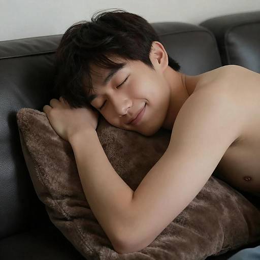 Relaxed Young Man Hugging Pillow on Couch