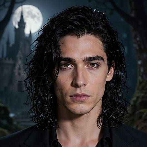 Photograph of a pale-skinned, dark-haired young man with long, wavy hair, serious expression, wearing a black shirt, under a full