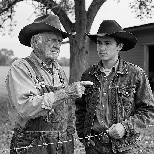 Black and White Portrait of Two Cowboys Outdoors