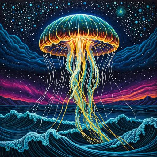 Cosmic Electric Jellyfish Over Ocean Waves