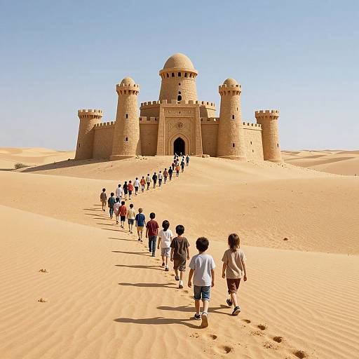 Photograph of a group of children walking towards a sandstone desert palace with tall turrets and a dome, set against a clear blue sky.