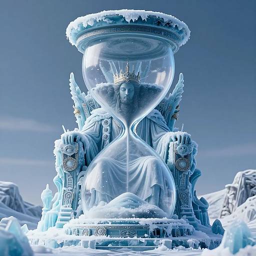 Photorealistic digital artwork of a frozen hourglass throne with a serene, crowned figure in flowing robes, surrounded by icy mountains.