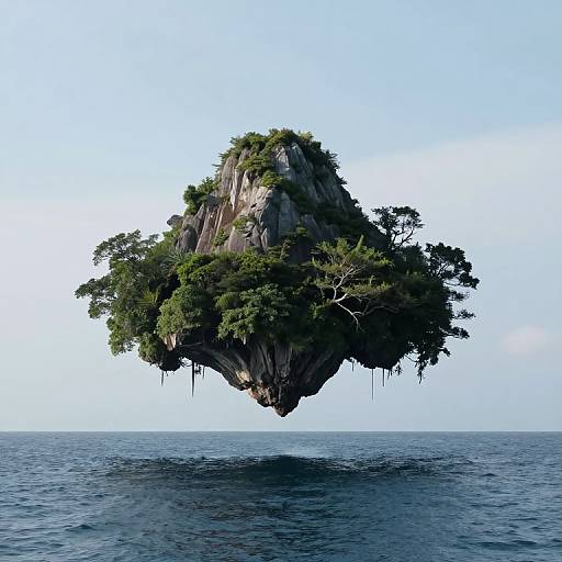 Photograph of a floating, rocky island with lush green trees, suspended above a vast, calm blue ocean under a clear sky.