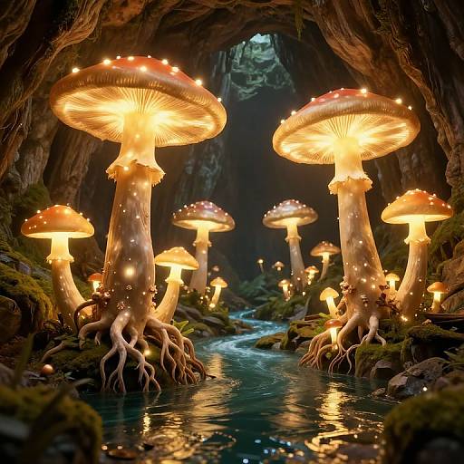 Photograph-like digital art of glowing, fairy-lit mushrooms with sparkly caps, rooted in a mossy cave stream, illuminated by warm light.