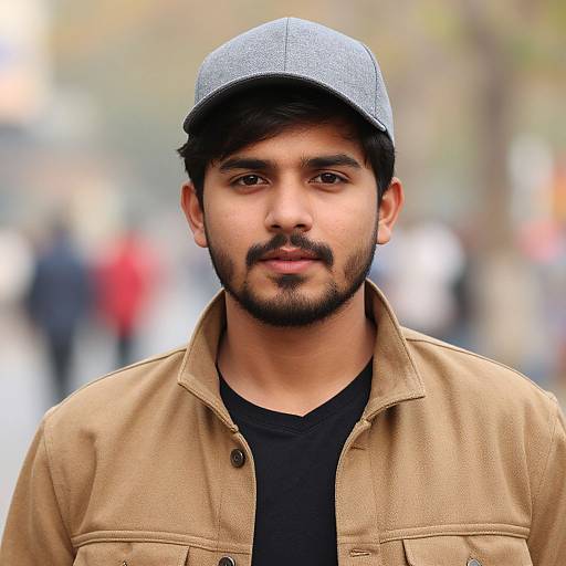 Photograph of a young South Asian man with dark hair, beard, wearing a gray cap, black shirt, and tan jacket, standing in a blurred