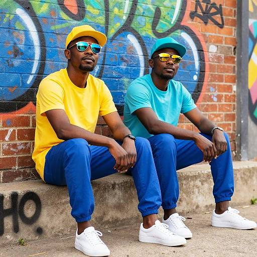 Photograph of two Black men sitting on a concrete ledge against a colorful graffiti wall. One wears a yellow shirt and cap, the other a blue shirt