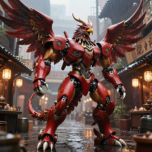 Crimson Phoenix Mecha in Rainy Sci-Fi Plaza