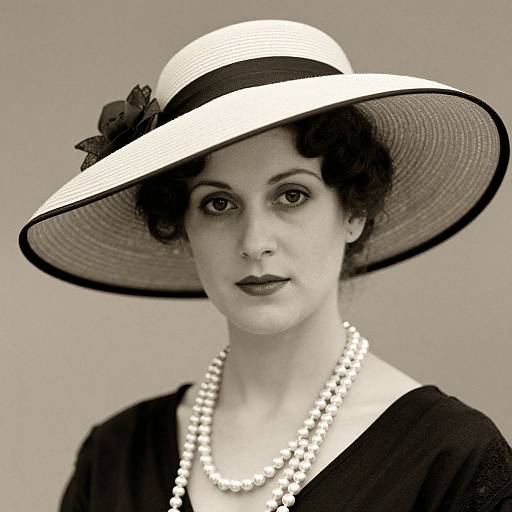 Black-and-white photograph of a woman with short, curly dark hair, wearing a wide-brimmed hat with a black ribbon and flower, black dress