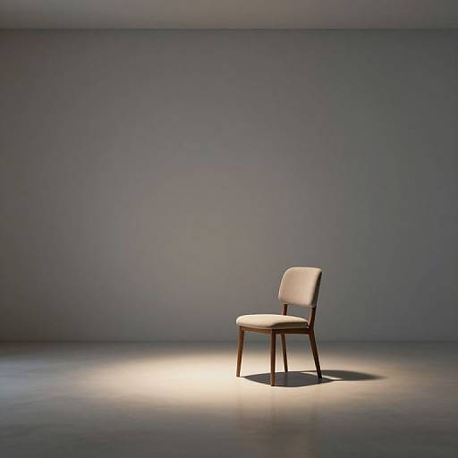 Photograph of a solitary, white, upholstered chair with dark wooden legs, centered in a minimalistic, dimly lit, gray-walled room