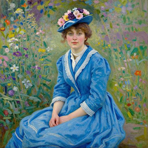 Digitally enhanced painting of a fair-skinned woman in a blue Victorian dress with white lace, floral hat, seated in a colorful meadow.