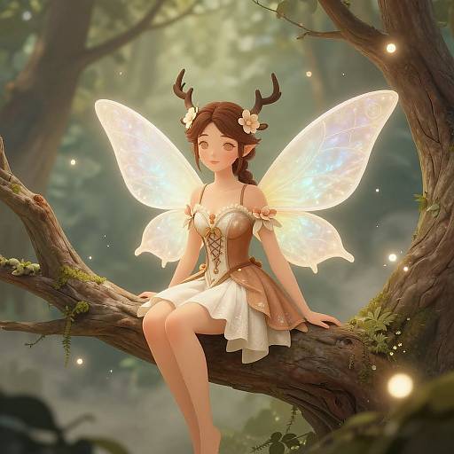 Digital illustration of a fairy with glowing wings, brown hair, antler headpiece, and brown dress, sitting on a moss-covered tree branch in a