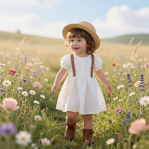 Photograph of a curly-haired toddler in a white dress, brown boots, and straw hat, standing in a sunlit meadow of colorful wildflowers