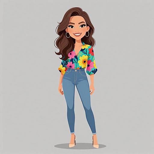Digital illustration of a smiling woman with long brown hair, wearing a colorful floral blouse, blue jeans, and beige heels.