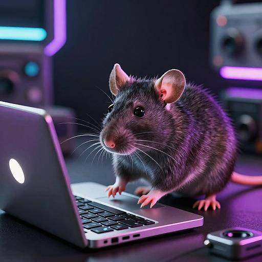 Cyberpunk Rat Typing on Mini Laptop