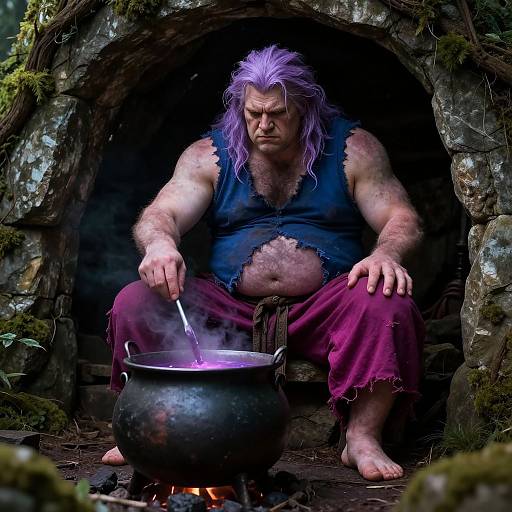 Photorealistic CGI of a muscular, purple-haired wizard with tattered blue shirt and red pants, stirring a bubbling cauldron in a moss