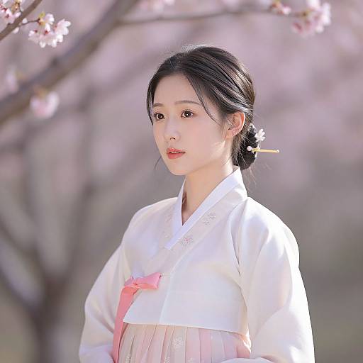 Photograph of an Asian woman with fair skin, black hair in a bun, wearing a white traditional Korean hanbok with pink ribbon, standing in