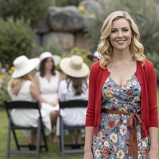 Photograph of a smiling blonde woman in a floral dress and red cardigan, standing in a garden with three women in white dresses and hats seated in