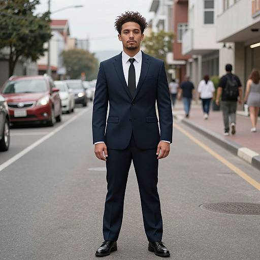 Photograph of a curly-haired, bearded man in a dark navy suit, white shirt, and black tie standing on a city street. Blurred