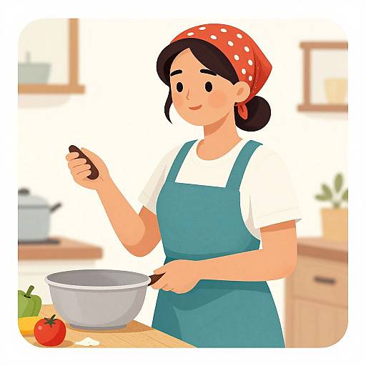 Digital illustration of a smiling Asian woman with a red polka-dot headscarf, blue apron, and white shirt, whisking in a kitchen