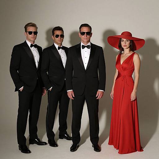 Photograph of three men in black tuxedos and black sunglasses, standing beside a woman in a red gown and wide-brimmed hat.