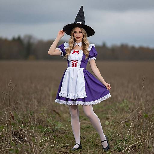 Photograph of a blonde woman in a purple witch costume with white apron, lace trim, red corset, white stockings, and black shoes,